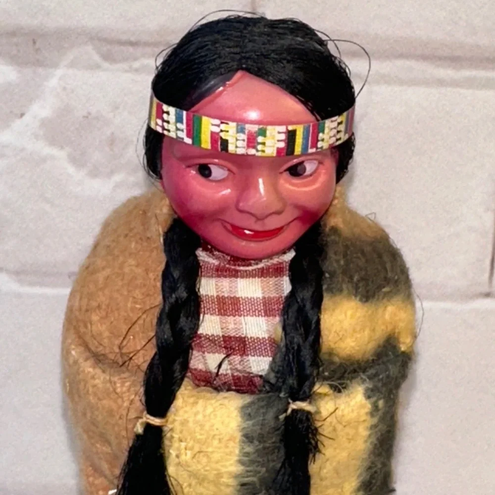 Vintage Native American Style Souvenir Doll Celluloid Head Felt Blanket 7.5